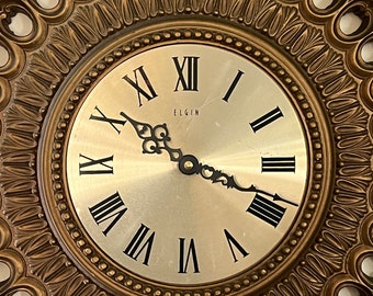 Vintage Mid-Century Modern Starburst Sunburst Gold Wall Clock by Elgin MCM