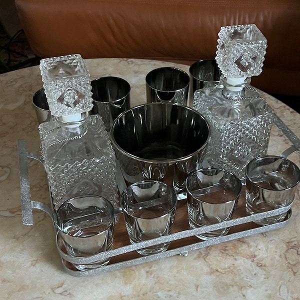 Vintage 2 Decanter Set Bar Ware Tray Smoked Mirrored High/Lowballs, Ice Bucket