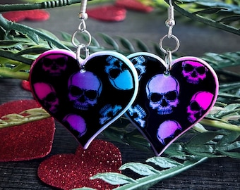 Valloween Heart with Skulls Earrings - Spooky Valentine's Day Earrings - Purple Gothic Heart Earrings