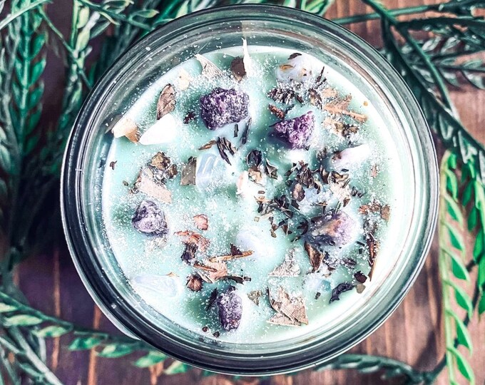 Stress Relief Candle, Herbal Intention Candle, Eucalyptus Scented Intention Candle, Intention Candle with Lepidolite Crystals, Handmade