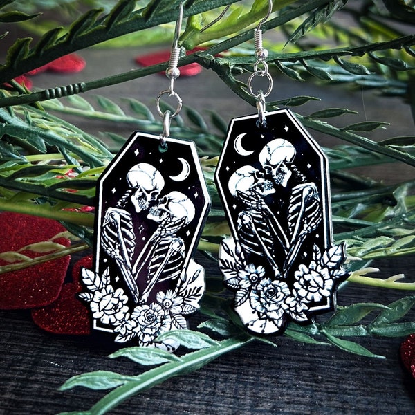 Skeleton Lover Earrings - Halloween, Coffin The Lovers Tarot Card, Dark Gothic Jewelry, Acrylic, Lightweight Earrings, Hypoallergenic