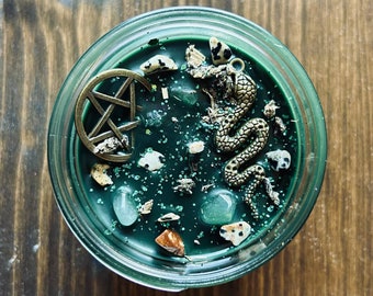 Forest Witch Crystal Soy Candle Pentacle Decor Snake Green Witch Decor Hippie Gift Nature Witchcraft Supplies Gift for witchy friend Gothic