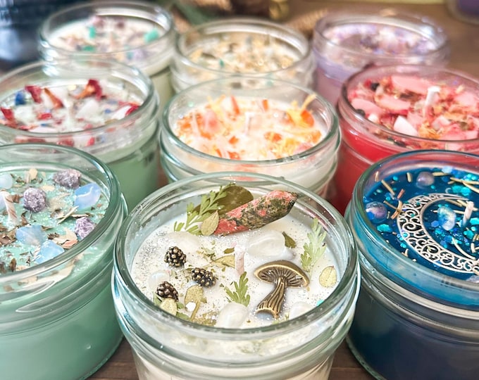 Intention Candles Infused with Crystals and Herbs, Homemade Meditation Manifestation Crystal Candle, Witchy Spiritual Gifts for Her 4 ounces