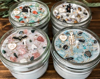 Halloween Zodiac Crystal Intention Candle, Soy Wax, Herbs, Flowers