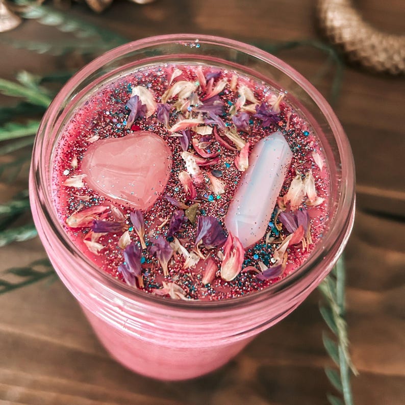 Self Love Crystal & Herb Candle for confidence, Pink Lilac and Vanilla, Rose Quartz, Opalite image 6