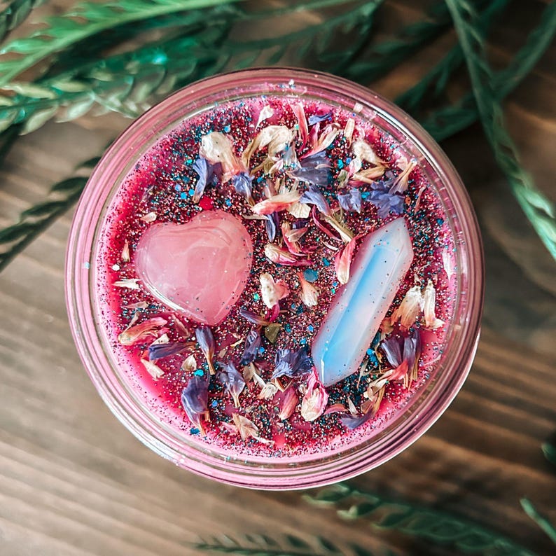 Self Love Crystal & Herb Candle for confidence, Pink Lilac and Vanilla, Rose Quartz, Opalite image 7