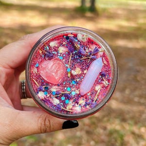 Self Love Crystal & Herb Candle for confidence, Pink Lilac and Vanilla, Rose Quartz, Opalite image 2