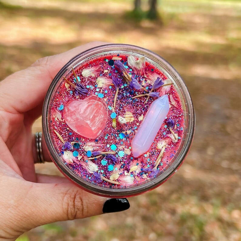 Self Love Crystal & Herb Candle for confidence, Pink Lilac and Vanilla, Rose Quartz, Opalite image 2