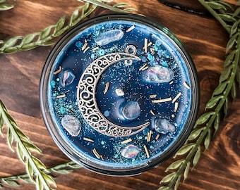 Moon Magic Intention Candle with Crystals and Herbs, Sandalwood and Lavender Scented