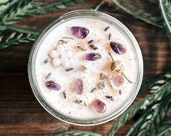 Anxiety Relief Crystal Candle with flower, lavender, and chamomile for Tranquility & Peace