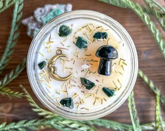 Dark Academia Mushroom Crystal Candle - Sandalwood Scented