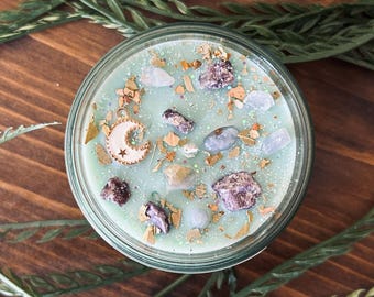 Stress Relief Intention Candle with Crystals - Eucalyptus & Mint Scented