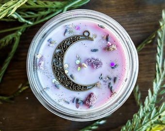 Lucid Dreams Intention Candle with Moon and Gemstones - Scented Dark Plum & Sugar