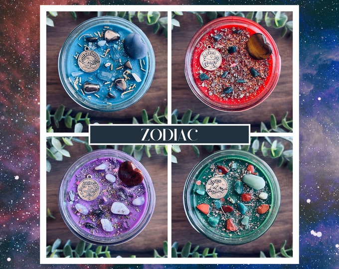 Zodiac Candles with Crystals and Herbs - Zodiac Sign Candles - Crystal Candles - Zodiac Gifts - Zodiac Intention Candles - Soy - Handmade
