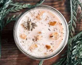 Bee Happy Soy Candle with Crystals - Honey & Rose Scent, Witchy Intention Candles