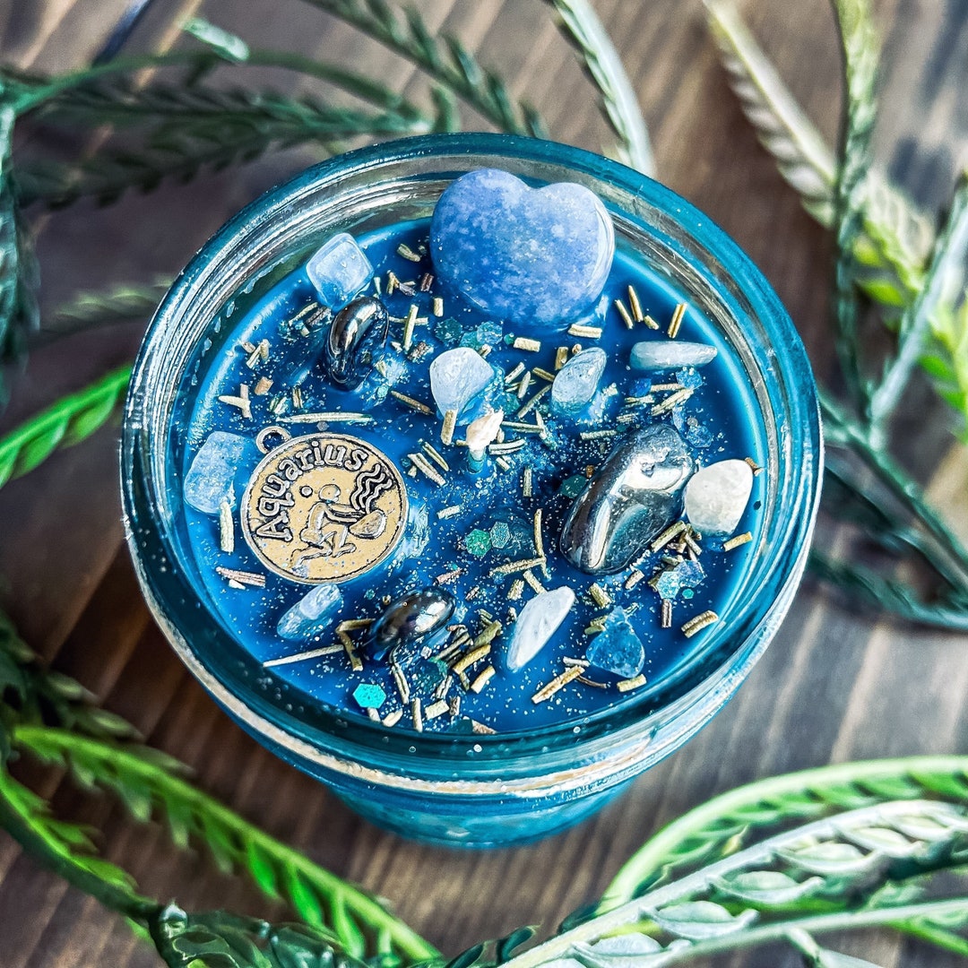 AQUARIUS Zodiac Candle Aquarius Intention Cystal Candles Etsy