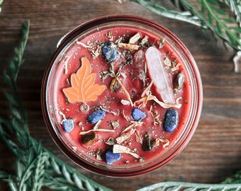 Mabon Crystal Intention Candle, Autumn Equinox Ritual, Fall Pumpkin Scented