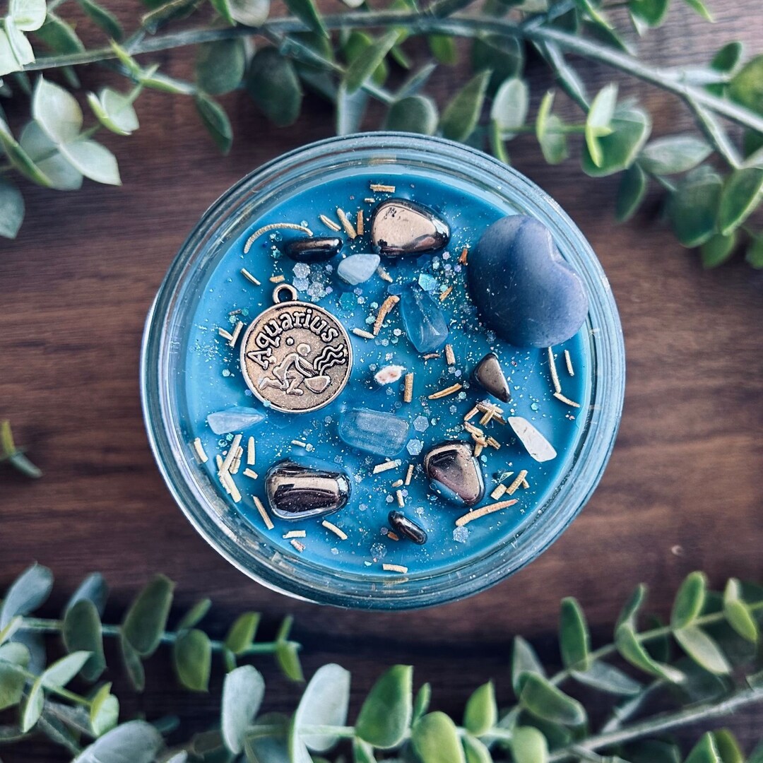 AQUARIUS Zodiac Candle Aquarius Intention Cystal Candles Etsy