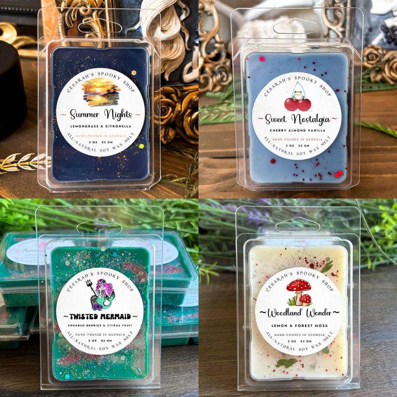 May include: Four wax melt packages from Cesarah's Spooky Shop. Each package contains a colorful wax melt with a label. The labels read "Summer Nights", "Sweet Nostalgia", "Twisted Mermaid", and "Woodland Wonder". The wax melts are in clear plastic packaging.