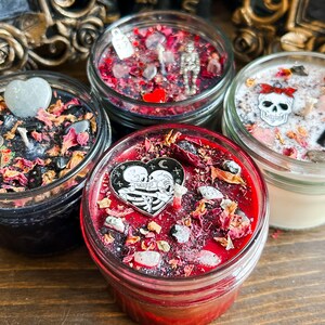 Valloween Crystal Candles, Spooky Valentines Day, Crystals and Herbs, Meditation Manifestation Candle, Witchy Spiritual Gifts for Her 4 oz