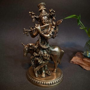 Antique Brass Krishna Statue: Indian Hindu God Figurine
