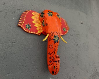 Handcrafted Mahogany Elephant Head: Kerala Painted Wall Decor