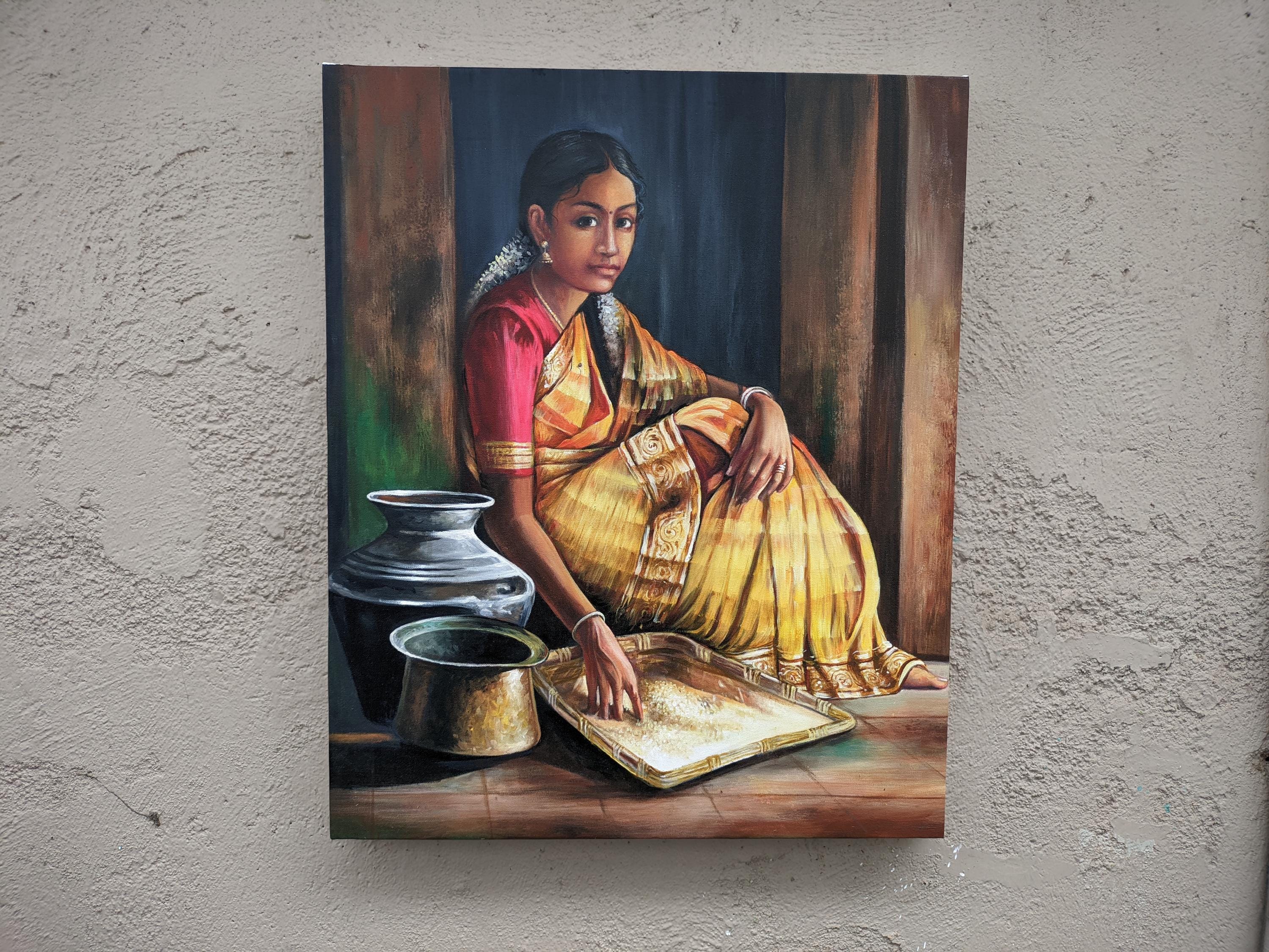 油絵　インドの人々 オリジナルのインドの油絵：サリーを着た女性、詳細な写実主義 - Etsy 日本