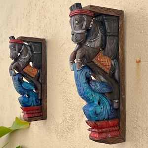Indian Wooden carved Wall Bracket pair Corbal Featuring a Peacock for Home office Decor Door Entrance Garden Temple  Living Room  shelf gift