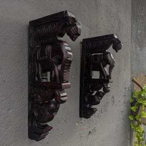 A pair of Indian Handcarved Wooden Elephant & Bird Brackets Traditional Indian Wall Decor | Vintage Style Architectural Corbel | Ethnic Art