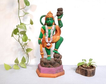 Hand Carved Cedar Wood Lord Hanuman Statue - Indian Art (17 Inches)