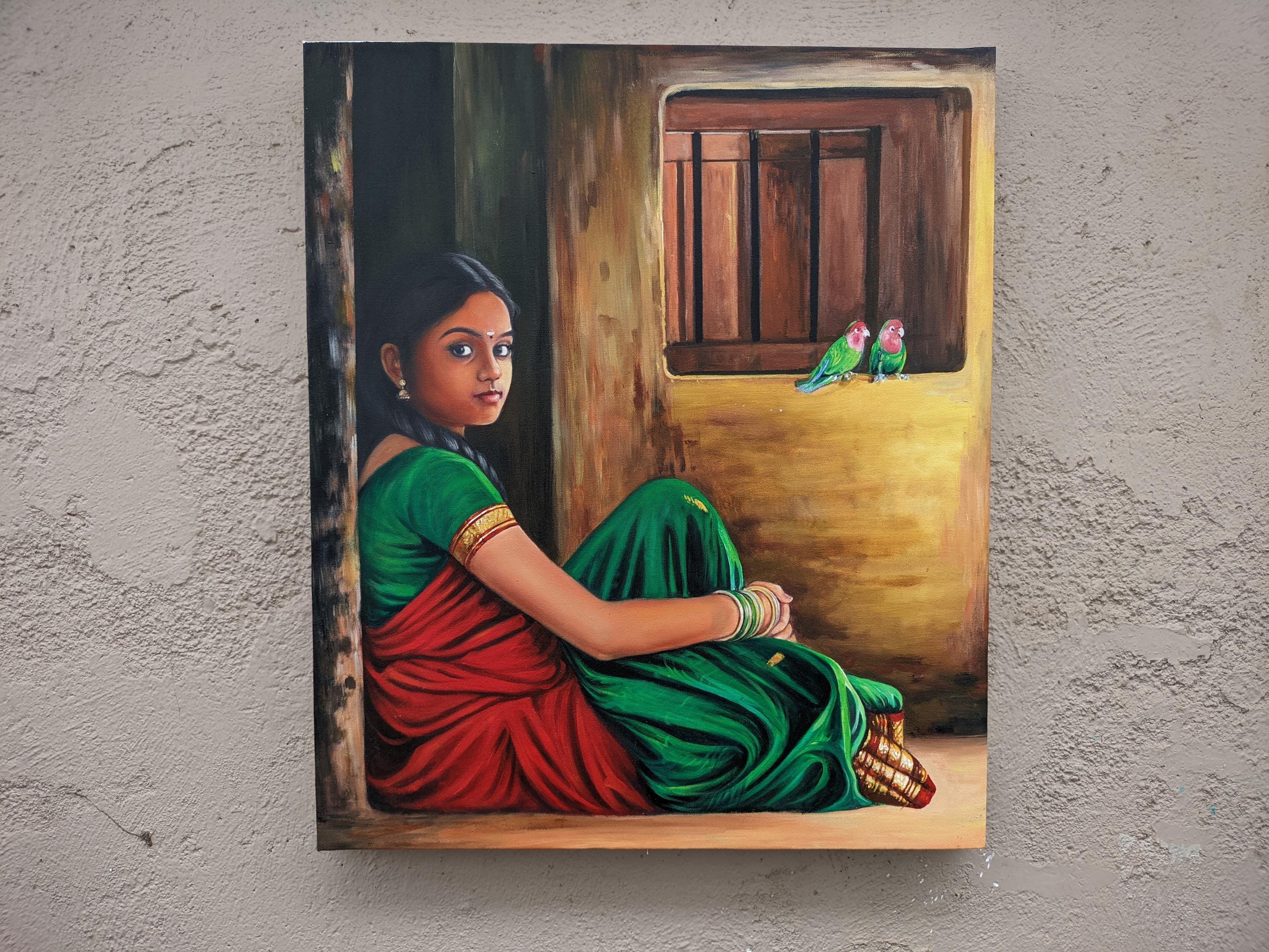 オリジナルのインドの油絵：サリーを着た女性、詳細な写実主義 - Etsy 日本