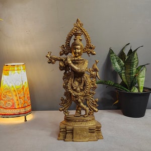Antique Brass Krishna Statue: Indian Hindu God Figurine