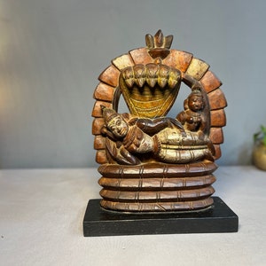 Antique Anantashayana Vishnu Wood Carving: South Indian Sculpture