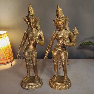 A Pair of Antique Tibetan Buddhism Brass Tara Devi Idols.