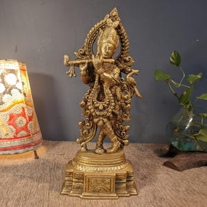 Antique Brass Krishna Statue: Indian Hindu God Figurine, Home Decor