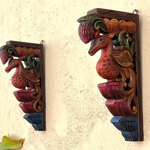 Indian Wooden carved Wall Bracket pair Corbal Featuring a Peacock for Home office Decor Door Entrance Garden Temple  Living Room  shelf gift