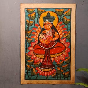 Indian Original Bengal Pattachitra painting Of Gauri with Ganesh Handpainted, Wall decor/Gifts.