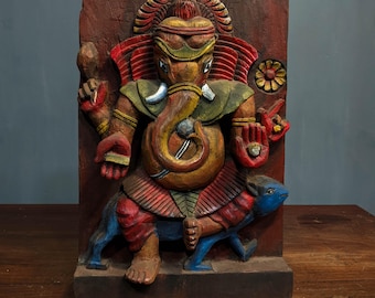 Hand Carved Wood Ganesha Wall Panel: Indian Home Decor