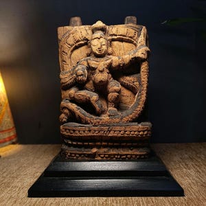 Antique Wooden Hand-Carved Krishna Sculpture(Kaliya Mardanam) Traditional Indian Artistry.