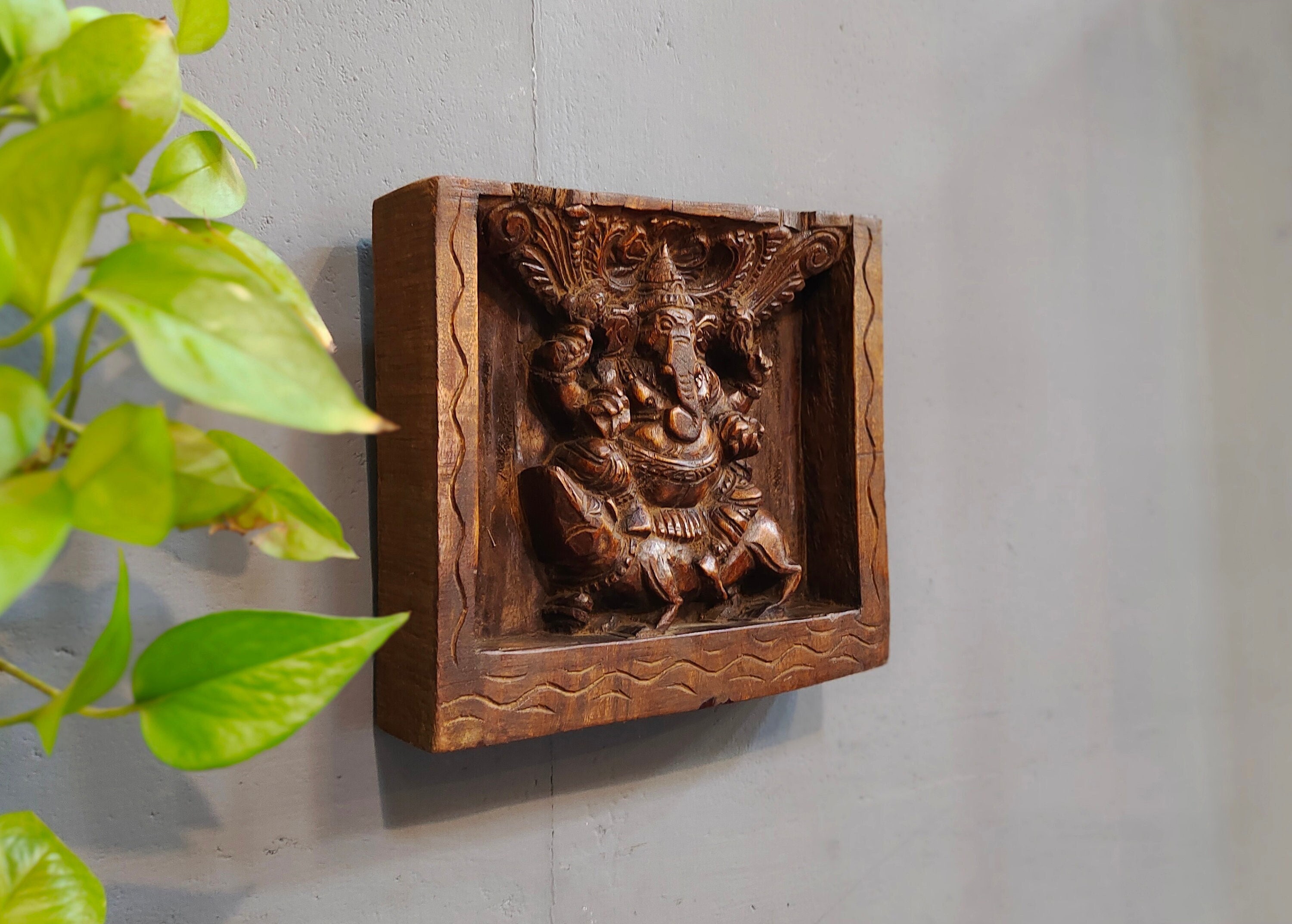 Hand-Carved Wooden Ganesha Wall Art: Kerala Indian Decor