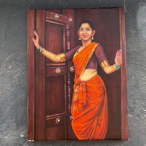 Original Indian painting, oil on canvas. Indian lady in saree. 32” height, 24” width. Exquisite work with great amount of detail and realism