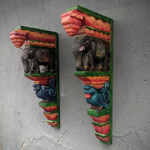 A pair of Indian Handcarved Wooden Elephant & Bird Brackets Traditional Indian Wall Decor | Vintage Style Architectural Corbel | Ethnic Art