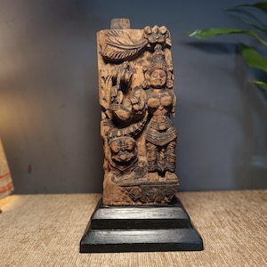 Antique Wooden Hand-Carved Durga Devi Sculpture. Traditional Indian Artistry.