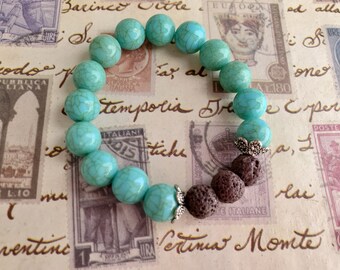 Pulsera elástica de la perla de la lava turquesa y marrón - 8 pulgadas