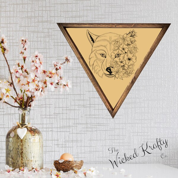 Boho Floral Wolf Triangle Framed Wood Sign