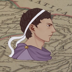 May include: A digital illustration of three figures against a background of an old map. The figure on the left is a muscular man wearing a white toga and holding a club. The figure in the center is a man with short brown hair wearing a purple tunic and a white headband. The figure on the right is a woman with long brown hair wearing a white robe and sitting in a meditative pose.