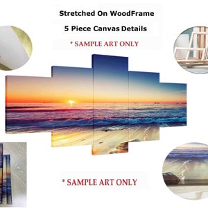 K&ouml;nnte beinhalten: F&uuml;nfteiliger Leinwanddruck mit einem Sonnenuntergang &uuml;ber dem Meer. Das Kunstwerk zeigt einen leuchtend orangefarbenen und gelben Himmel, wobei die Sonne &uuml;ber dem Wasser untergeht. Der Text "Stretched On WoodFrame" und "5 Piece Canvas Details" ist sichtbar.