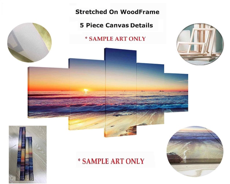K&ouml;nnte beinhalten: F&uuml;nfteiliger Leinwanddruck mit einem Sonnenuntergang &uuml;ber dem Meer. Das Kunstwerk zeigt einen leuchtend orangefarbenen und gelben Himmel, wobei die Sonne &uuml;ber dem Wasser untergeht. Der Text "Stretched On WoodFrame" und "5 Piece Canvas Details" ist sichtbar.