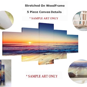 May include: Five-piece canvas print set featuring a vibrant sunset over a calm ocean with waves crashing on the shore. The canvas is stretched on a wooden frame. *SAMPLE ART ONLY*