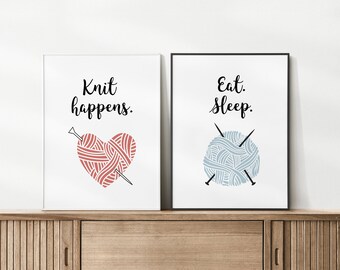 Set of Two Craft Room Prints, Eat Sleep Knit, Knit Happens, Unframed Prints